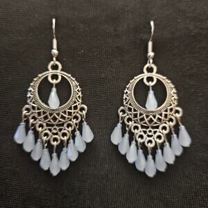 Antique silver filigree and periwinkle blue glass crystal chandelier earrings